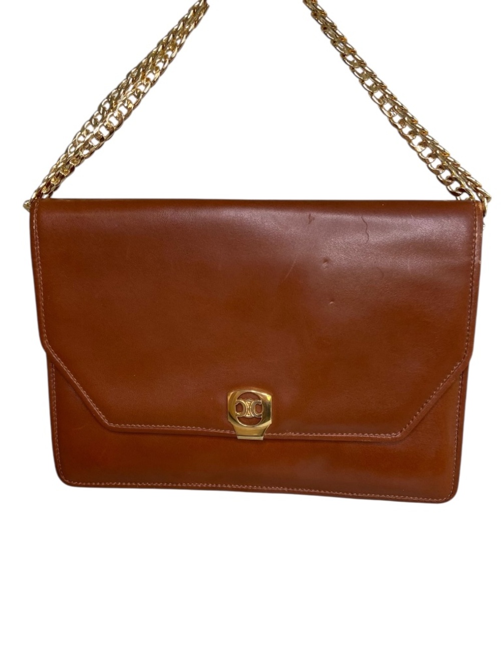 Authentic Celine Caramel Brown Large Foldover Clutch Bag Gold Triomphe Hardware